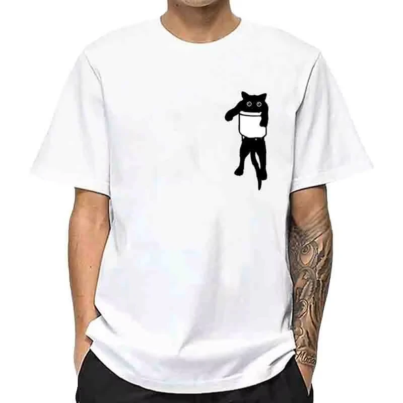 Men's High Quality T-shirt 100% Cotton Funny Pocket Cat Print Summer Loose Cool O-neck T Shirt for Men Short Sleeve Male Tees