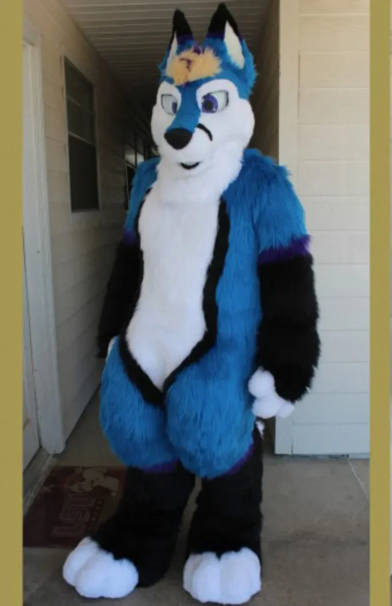 

Blue White Black Furry Fox Dog Wolf Mascot Costume Halloween Christmas Fancy Party Animal Cartoon Character Outfit Suit