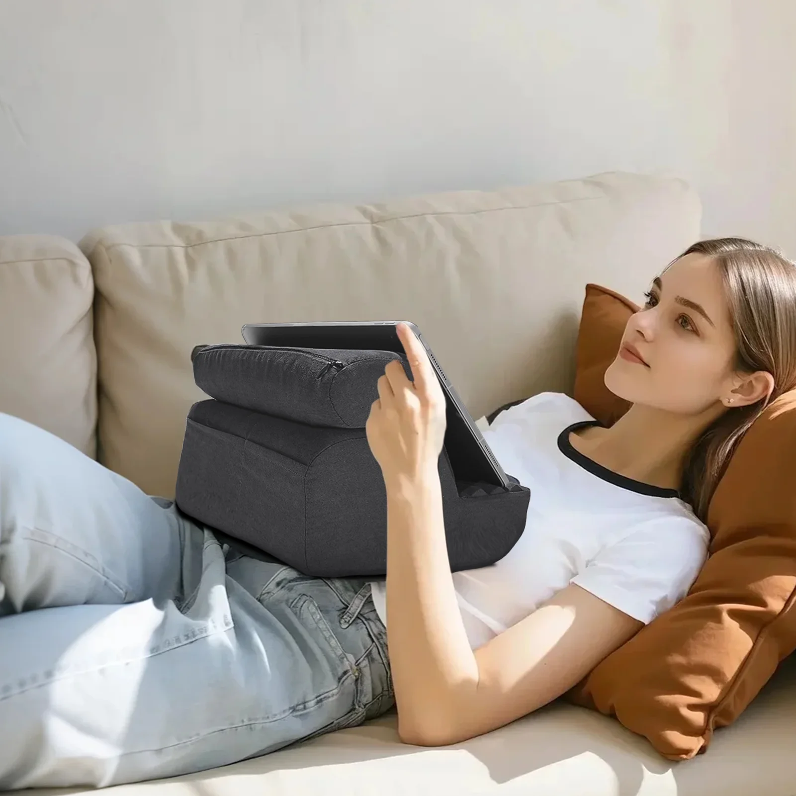 

Foldable Pillow Tablet Stand with Pocket Soft Cushion Lap Desk Holder for Bed Sofa Table Use Fits 4-16 Inch Phones and Tablets