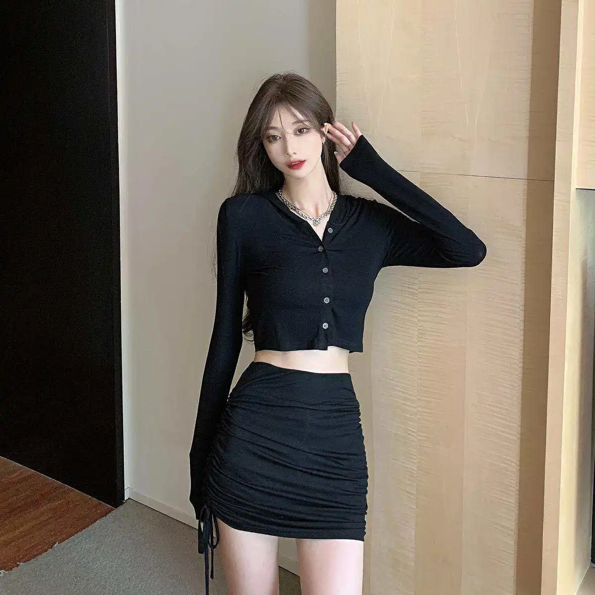 

Spring and Autumn Korean Version Collarbone V-neck Hooded Jacket+slim Fit Drawstring Skirt Pants Casual Two-piece Set