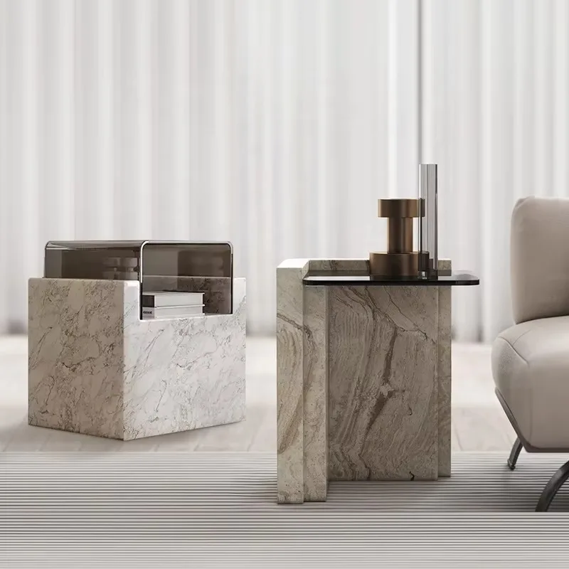 Modern Nordic Minimalist Living Room Furniture Toughened Glass Table Limestone Travertine Coffee Table Marble Side Table