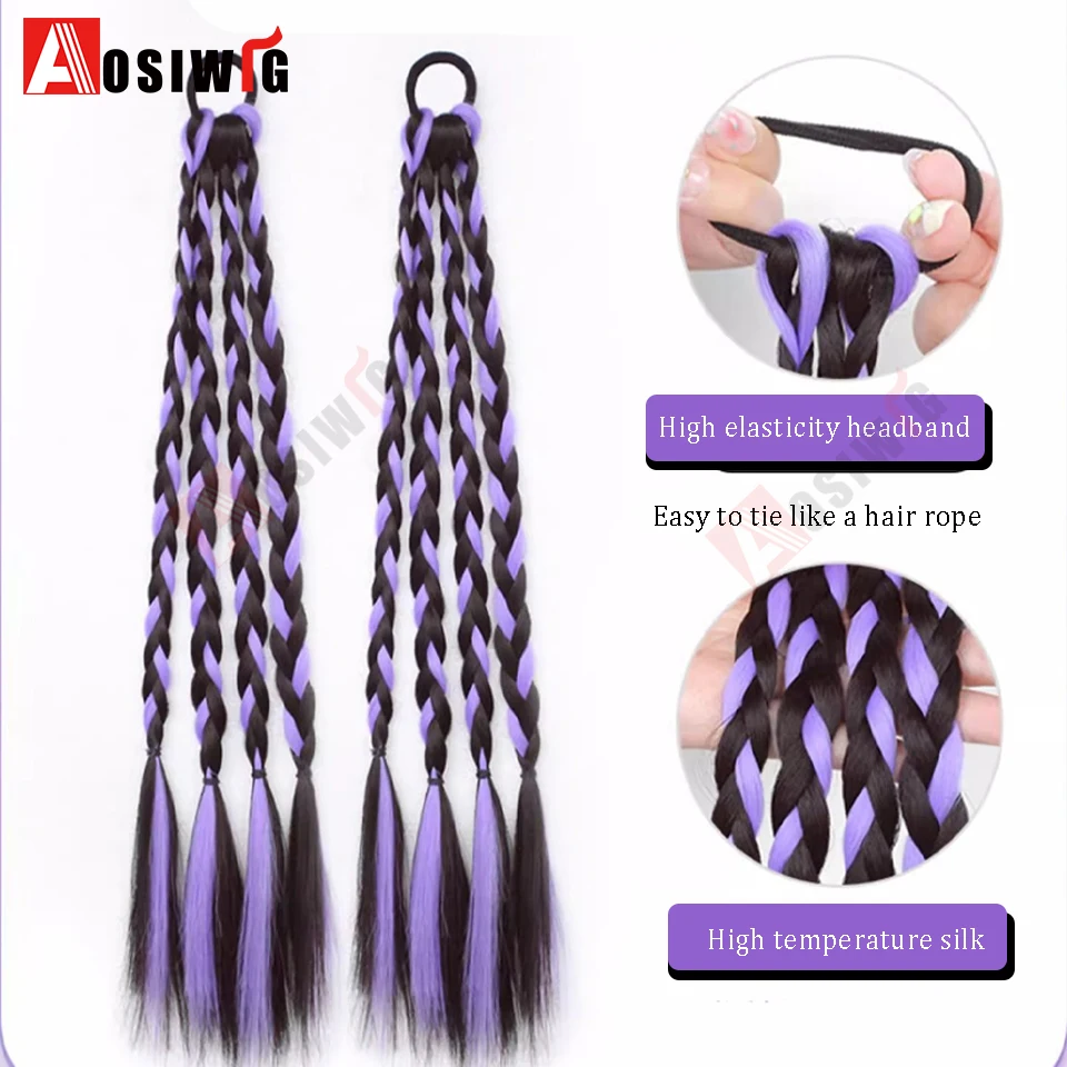 Y2K Synthetic Ombre Colorful Dopamine Colored Boxing Braid Ponytail Extension Four Braids Rubber Band Hairstyle For Women Daily