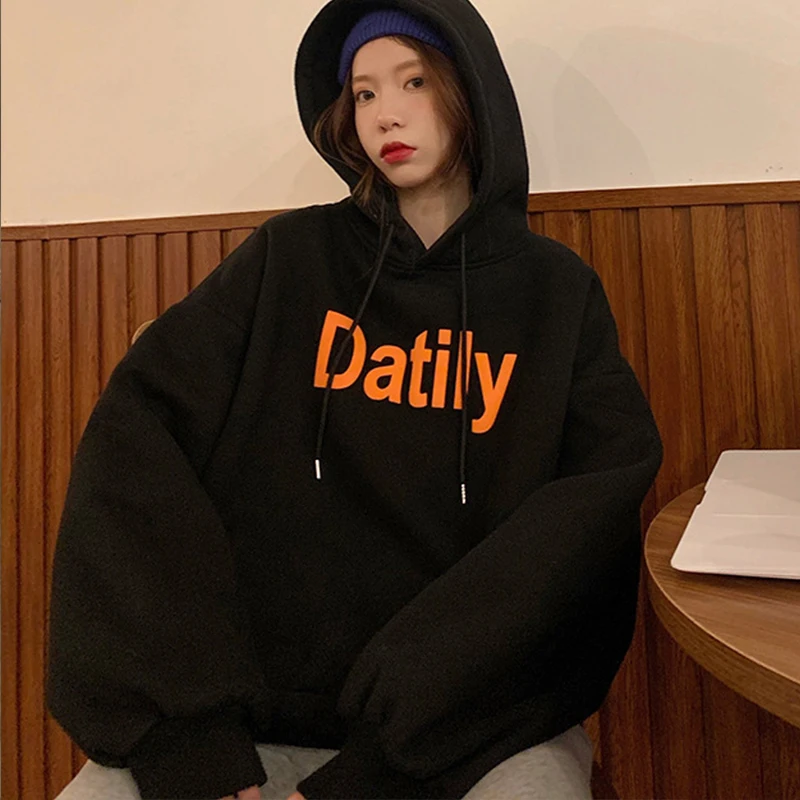 

Winter Fleece-Lined Letter Hoodie Women Korean Fashion High Street Oversized Hooded Sweatshirt Loose Ins Outerwear Pullover Tops