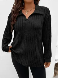 Jesienna koszulka damska Plus Size Fashion Solid Color Large Women's Top V-shaped Polo Neck Long Sleeve Pit Striped Matte T-shirt Loose