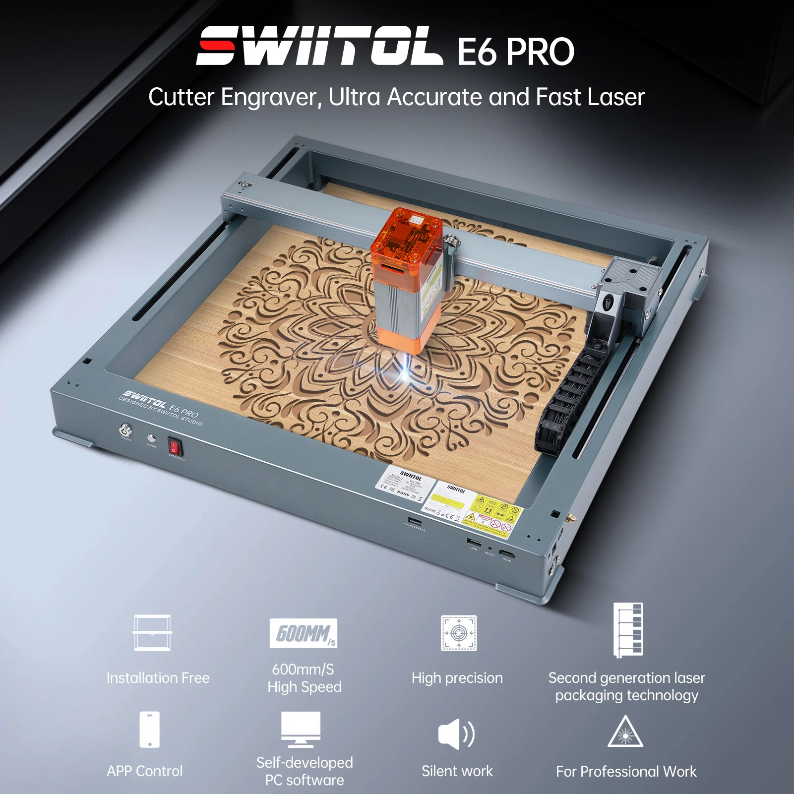 Swiitol E6 Pro 6W Laser Engraver Integrated Structure High Speed Engraving 365*305mm Work Area with 0.06mm Ultra-fine Laser Spot