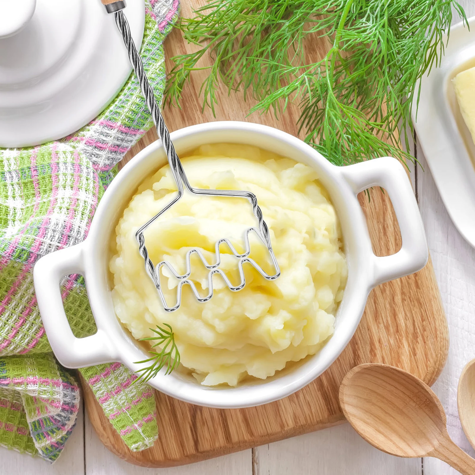 

Wood Handle Stainless Steel Manual Potato Crusher Masher for Home Kitchen Vegetable Fruit Masher Tool Kitchen Gadget Reusable