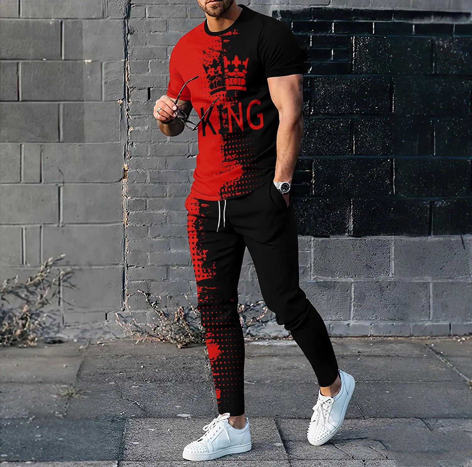 T-shirt et pantalon décontractés à manches courtes College en 3D King pour hommes, ensemble sportif, pull respirant, vêtements d'été, mode, 2 pièces