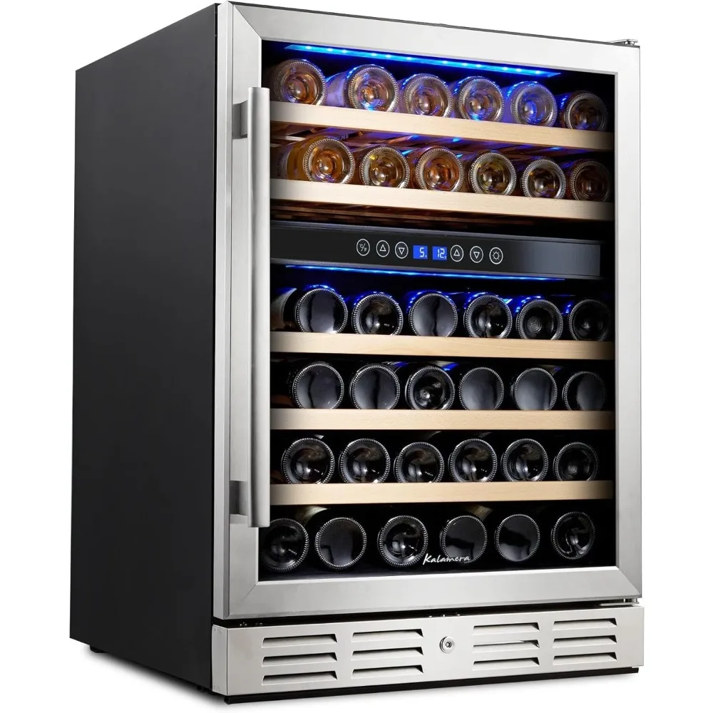 Enfriador de vino de 24 pulgadas, 46 botellas: refrigerador incorporado o independiente de doble zona con puerta de vidrio reversible de acero inoxidable para el hogar