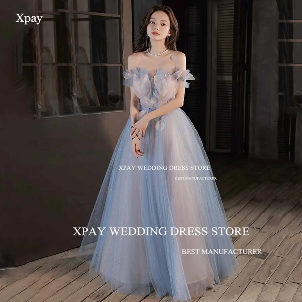 

XPAY Sweetheart Contrast Color Korea A Line Evening Dresses Flowers Ruffles Sparkly Formal Prom Gown Photo Shoot Party Dress