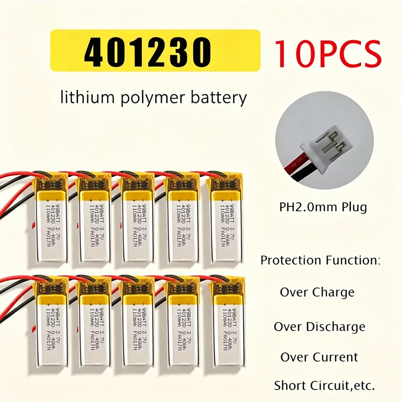 10 Stück 401230 3,7 V 110 mAh Lipo-Akku Lithium-Polymer-Akkus für Bluetooth-Kopfhörer, Aufnahmestift, Schreibtischlampe, Maus, Tablet-PC