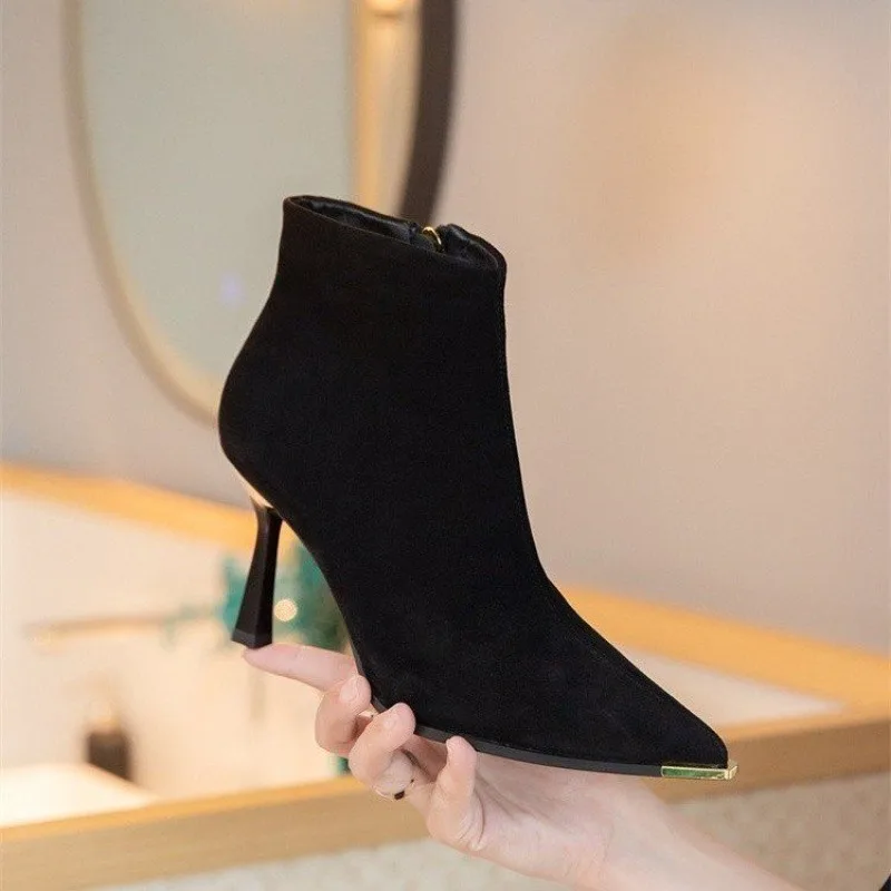 

Fashion Boots Women's Pointed Toe Kick-proof Stiletto Heel Stretch Western Air Side Zipper Suede High Heel Boots