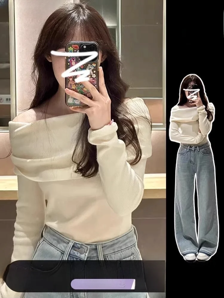 White Shoulder-Bared Knitted Sweater Women's Slim Fit Style Commute Fashion Long Sleeve One-Shoulder Base Shirt Inner Wear