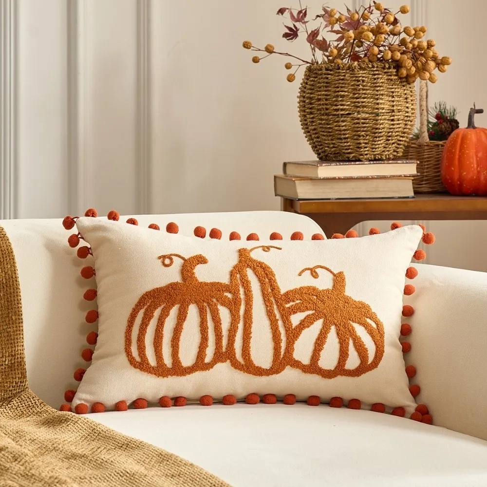 New Pumpkin Tufted Throw Pillow Cover Maple Leaves Rustic Style Cushion Cover Soft Square Pillow Covers Fall Decor