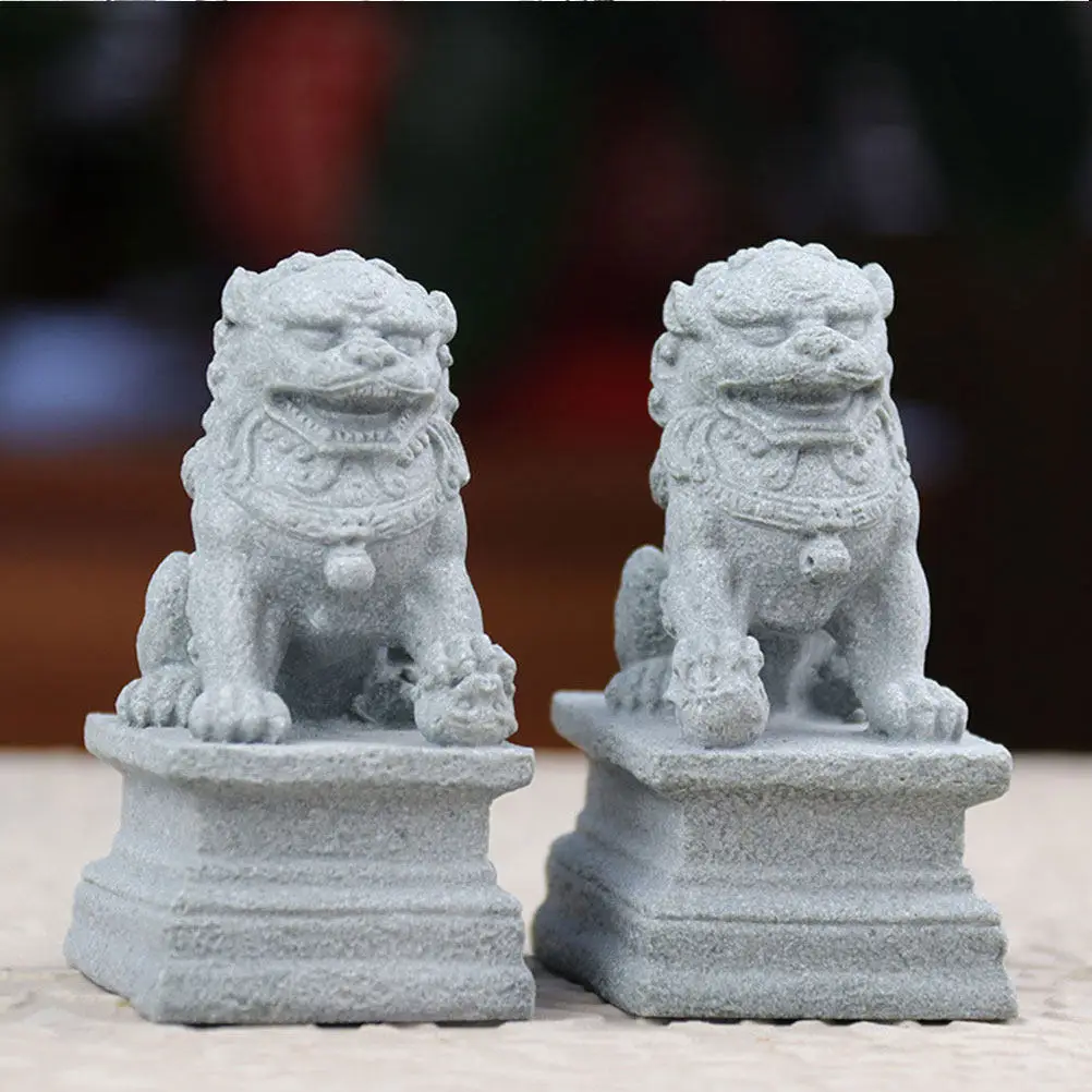 2Pcs Chinese Style Guardian Lion Statues Miniature Sandstone Decor for Home Garden Bonsai Plant Pot Tabletop Ornament