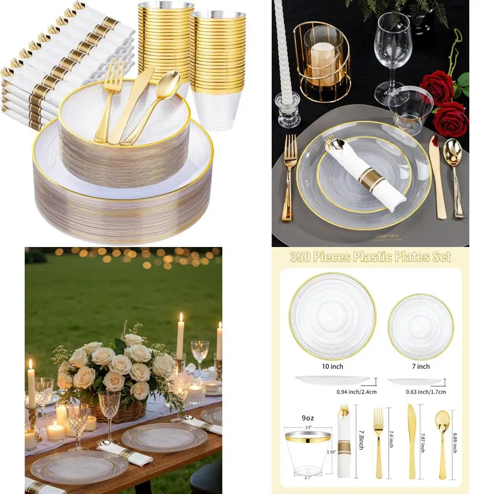 

Одноразовые золотые пластиковые тарелки и предварительно скрученные салфетки со столовыми приборами для 50 гостей — набор из 100 прозрачных золотых тарелок для вечеринок