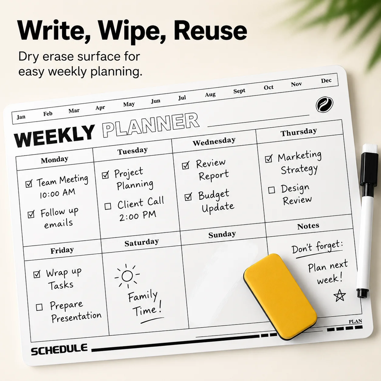 Refrigerator magnetic dry wipe planning board, reusable weekly schedule, suitable for household meal task management