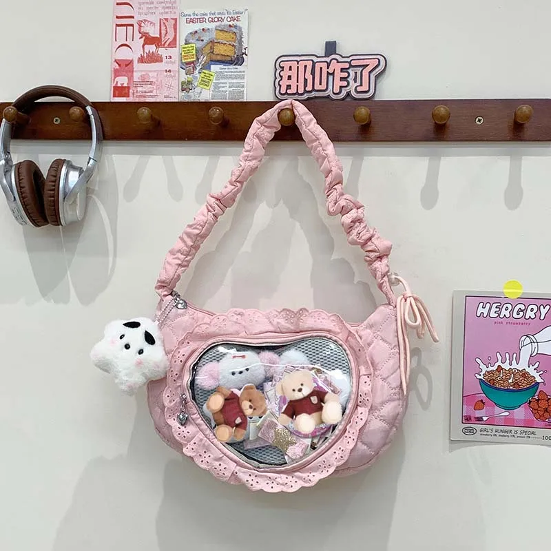 2025 Y2k Pink Cute Womens Shoulder Bag Pleated Love Heart Lolita Jk Ita Bag Drawstring Ballet Style Sweet Female Crossbody Bag