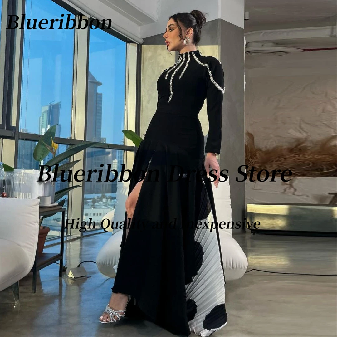 Blueribbon فساتين مناسبة رسمية Beaded Halter Neck Sexy Backless Prom Dresses Front Slit Black&White Evenin Party Dress Arabia