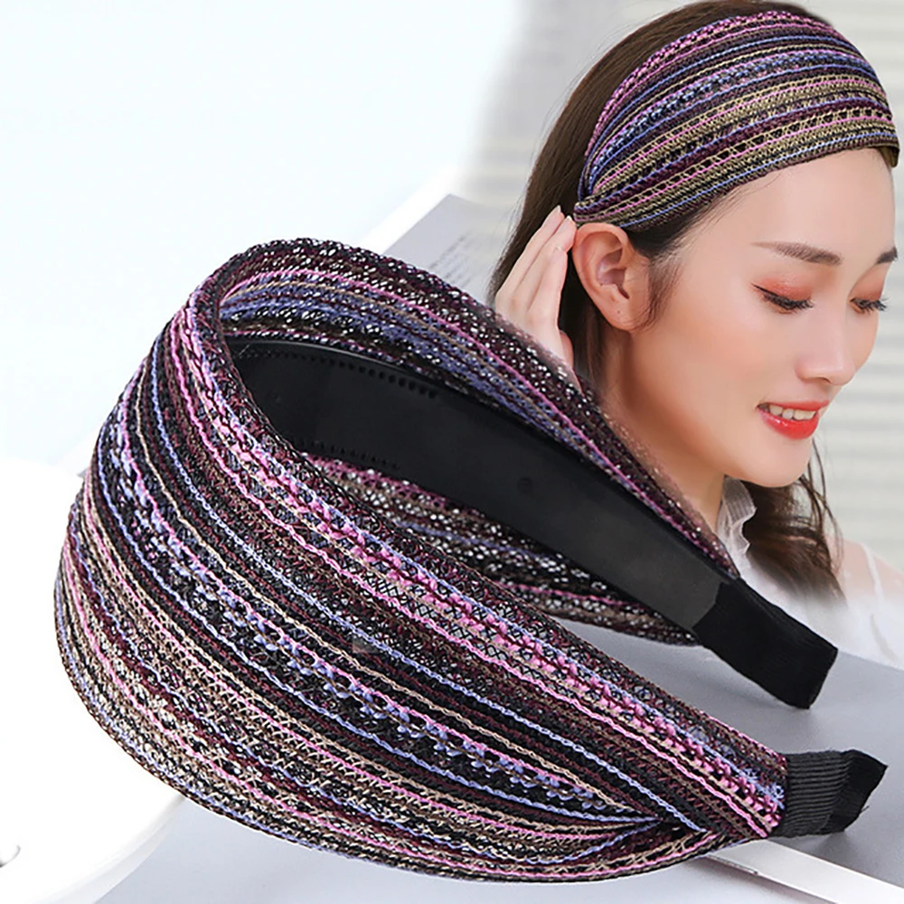 Korean Fashion Girl Face Wash Bohemia Styles Cloth Hair Accessories Wide Side Headband Mesh Head Hoop Hair Band