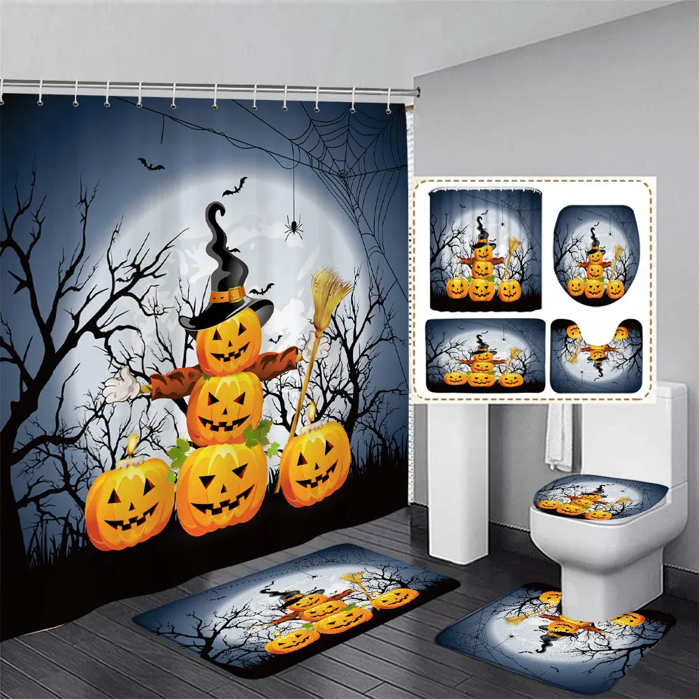 

Halloween Pumpkin Bathroom Curtain and Rug Set Cartoon Cute Funny Magic Hat Spooky Broom Party Decoration Bathroom Accessories