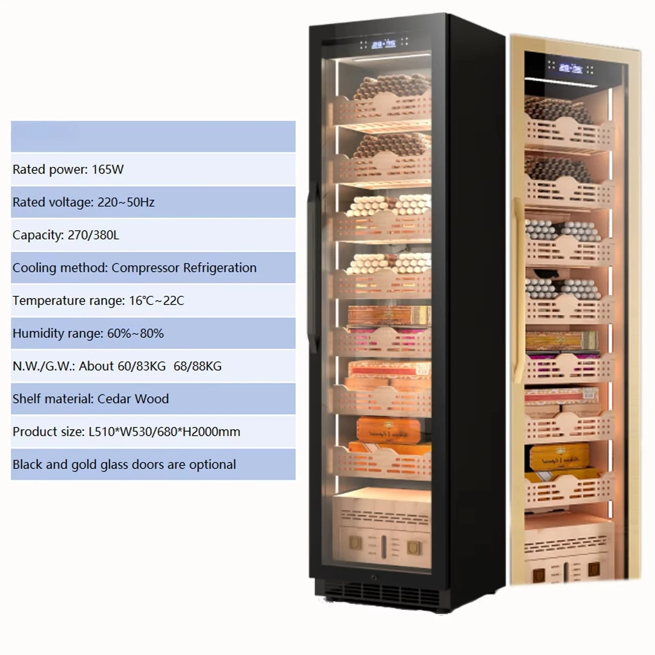 Premium Gold & Black 270/380L Electric Single-Temperature Cigar Cabinet Humidor for North America & Europe