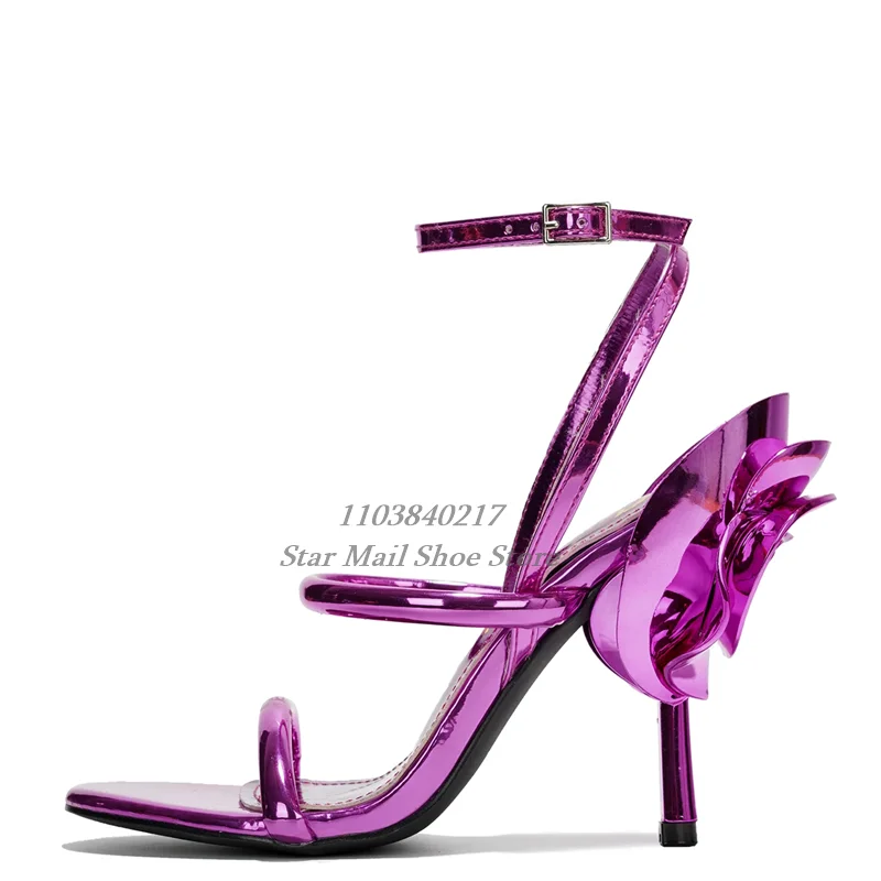 

Concise One Strap Peep Toe Sandals with Flower Decoration On the Heel Patent Leather Glossy Stiletto Heels Tower Buckle Pumps