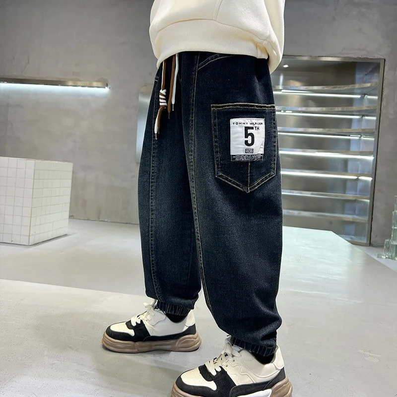 

Модные детские свободные эластичные прямые джинсы в стиле хип-хоп для мальчиков-подростков, весенне-осенний сезон