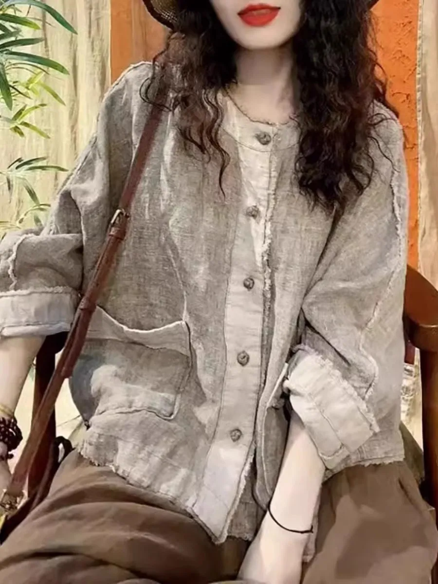 

Women's Cotton Linen Vintage Sle irt Spring Summer New Arrival Loose Fit Regular Length Ethnic Sle Outerwear Cardigan