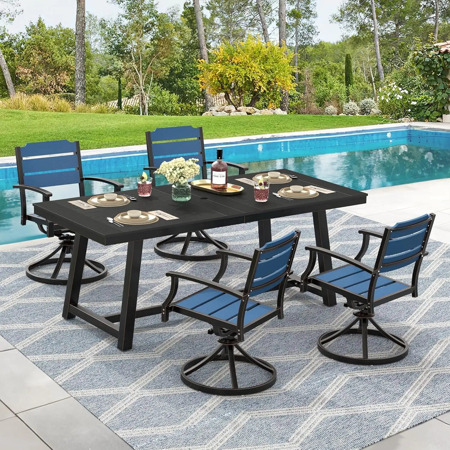 5 pieces patio swivel dining chair,dark blue