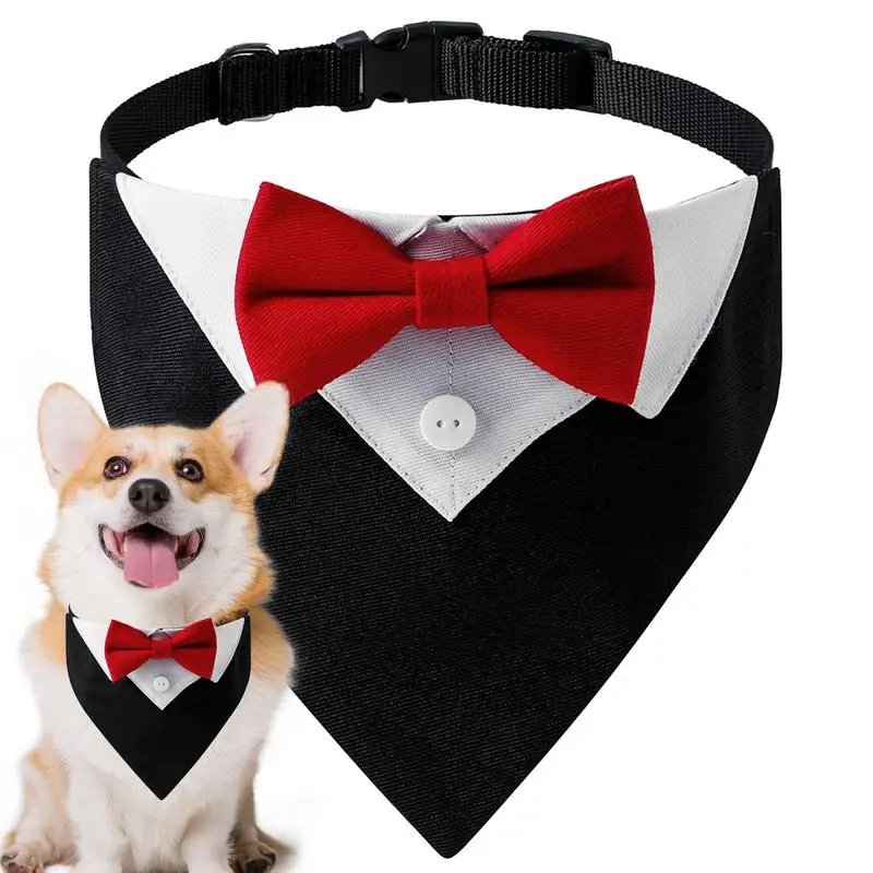 Formal Dog Tuxedo Wedding Bandana Collar with Bow Tie Adjustable Pet Neck Tie Neckerchief Bandana for Small Medium Large Dogs