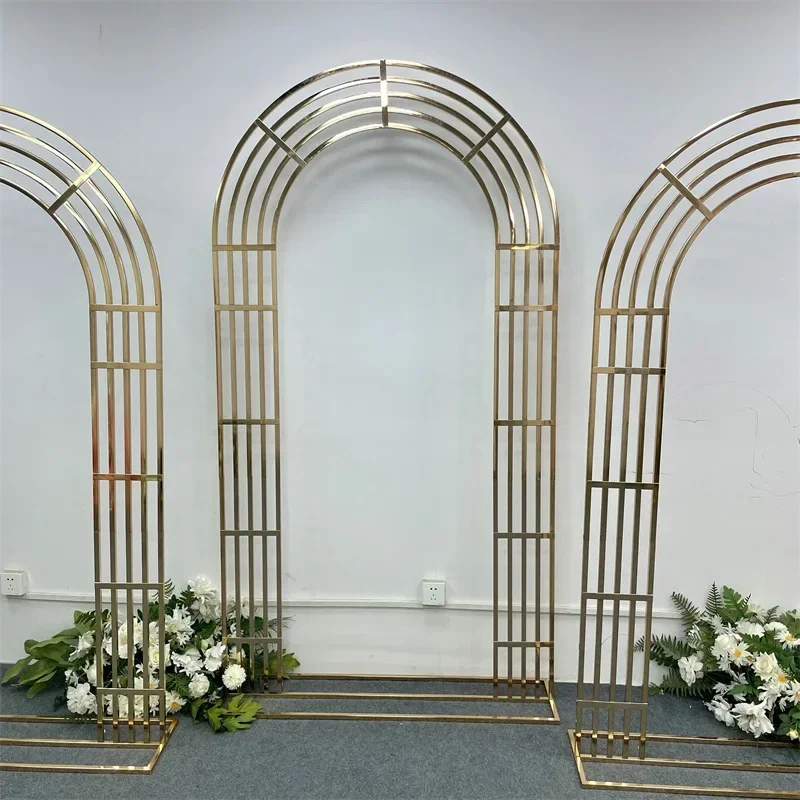 Novo brilhante curvado cinco barras tela prateleira arco de casamento banhado a ouro geometria flor suporte de porta artificial decoração floral quadro