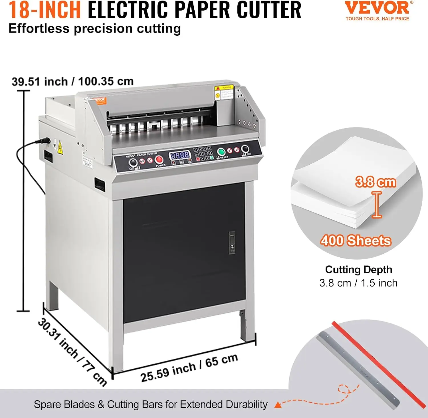 Electric Hydraulic Paper Cutter, Heavy Duty Paper Cutter Machine, 1.57 in / 40 mm Cutting Thickness, 18 in / 457.2 mm Cutting Wi
