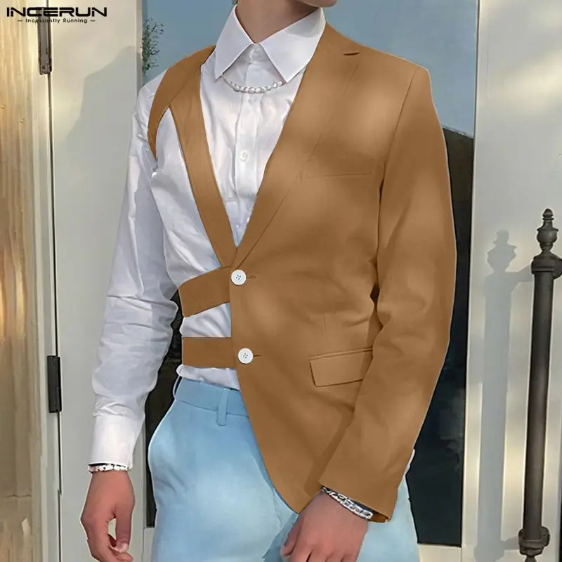INCERUN Men Irregular Blazer Solid Color Lapel Long Sleeve Button Male Suit Streetwear Loose Fashion Casual Thin Coats S-3XL
