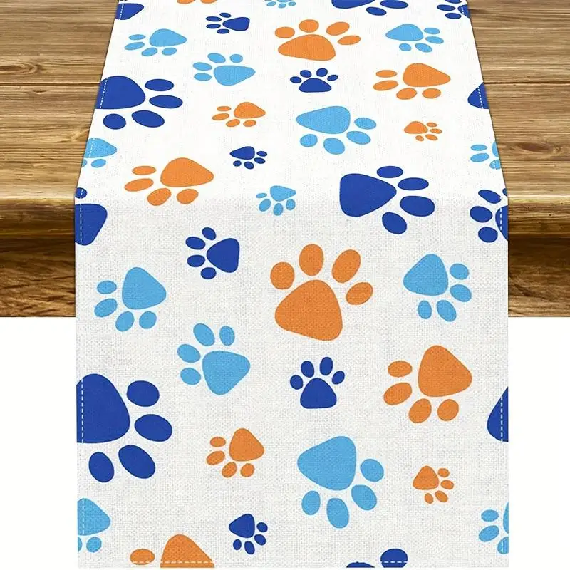 

Pet Paw Print Table Runner, Blue & Orange Paw Patterns, Cute Cat Dog Themed Table Decor Women's clothing