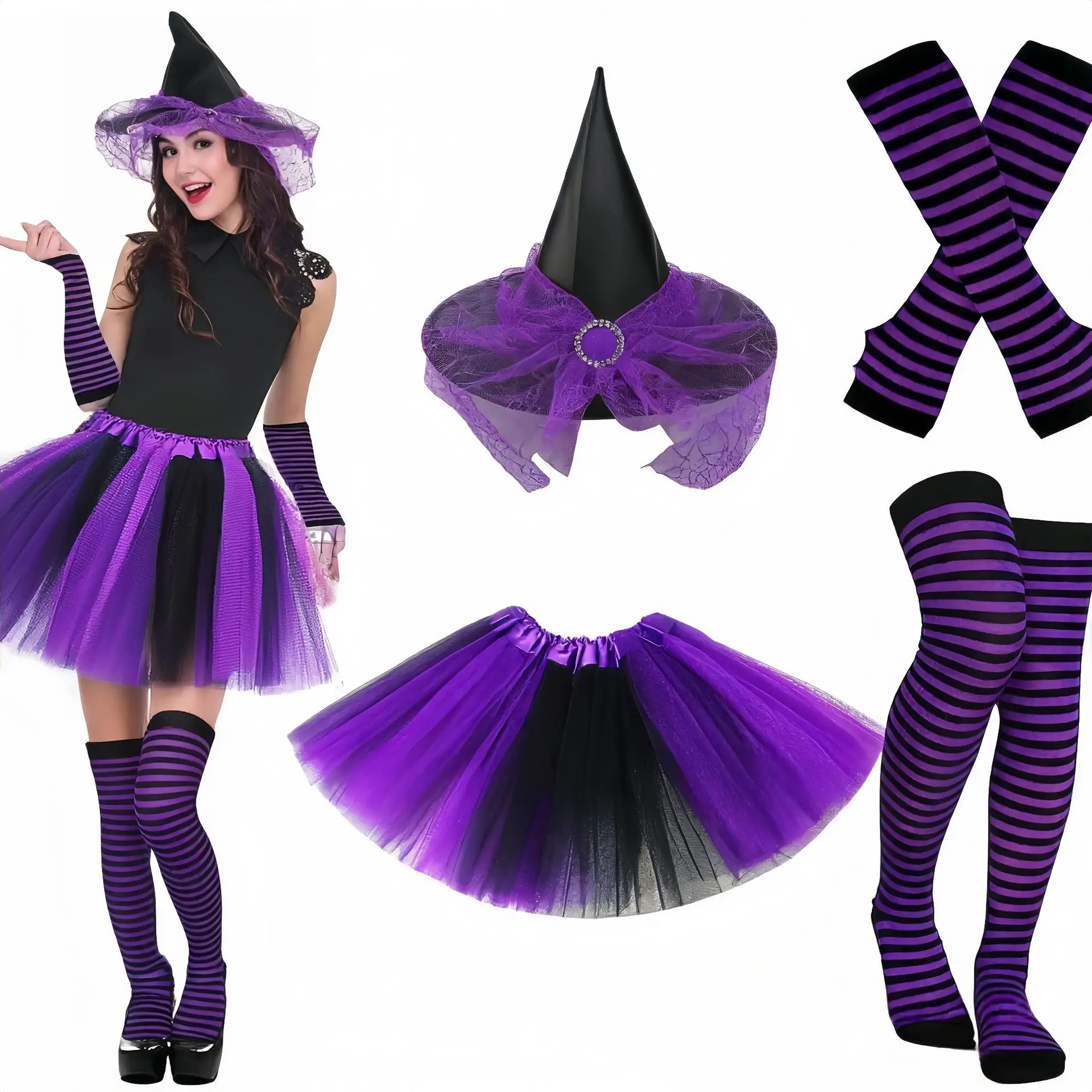 Women Halloween Witch Outfit Set Black Purple Tulle Skirt Hat Stockings Kit Halloween Carnival Club Night Cosplay Costume