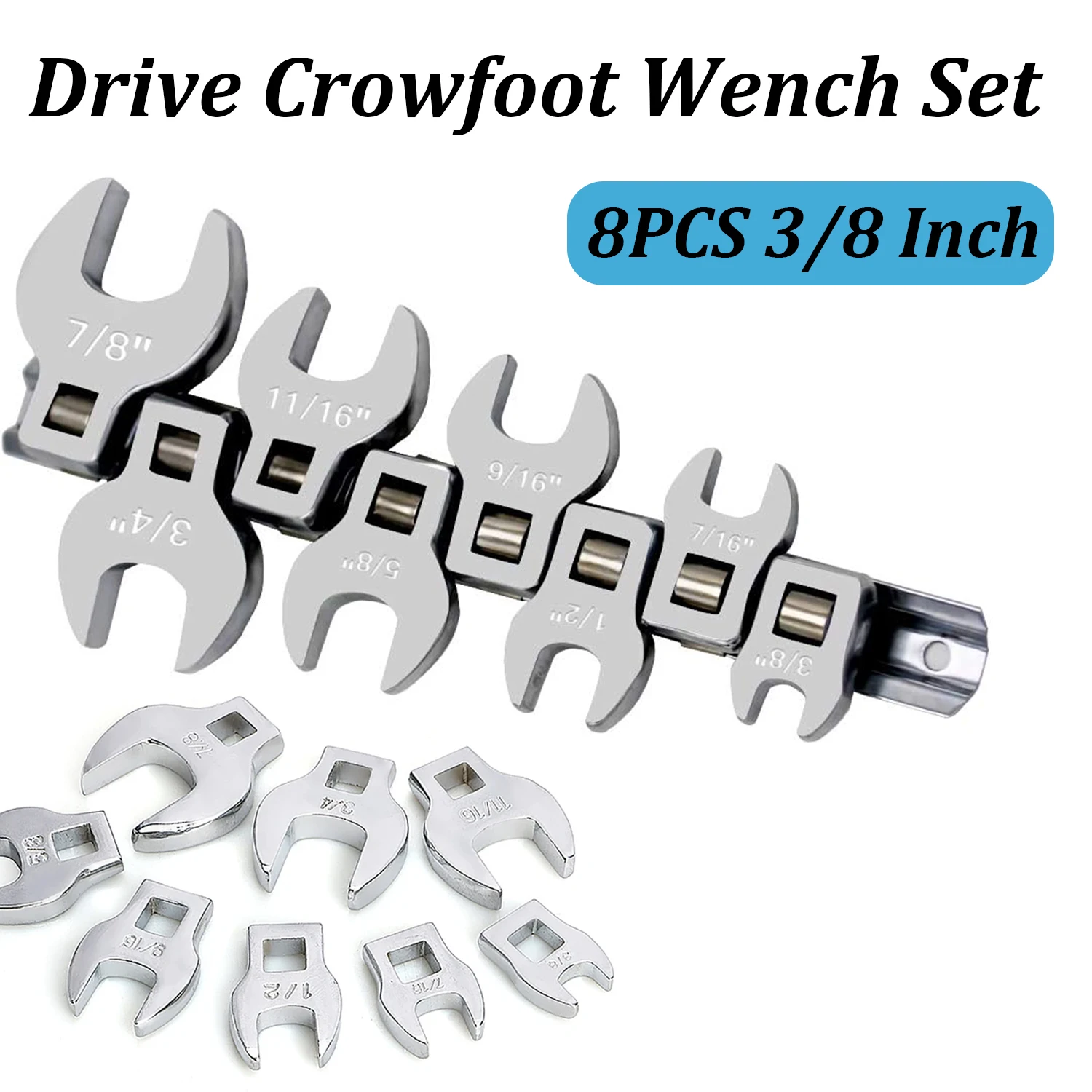 

8PCS 3/8" to 7/8" 3/8 Inch Drive Crowfoot Wrench Set 14-22mm Drive Flare Nut Crowfoot Wrenches Portable Carbon Steel Wrench Set