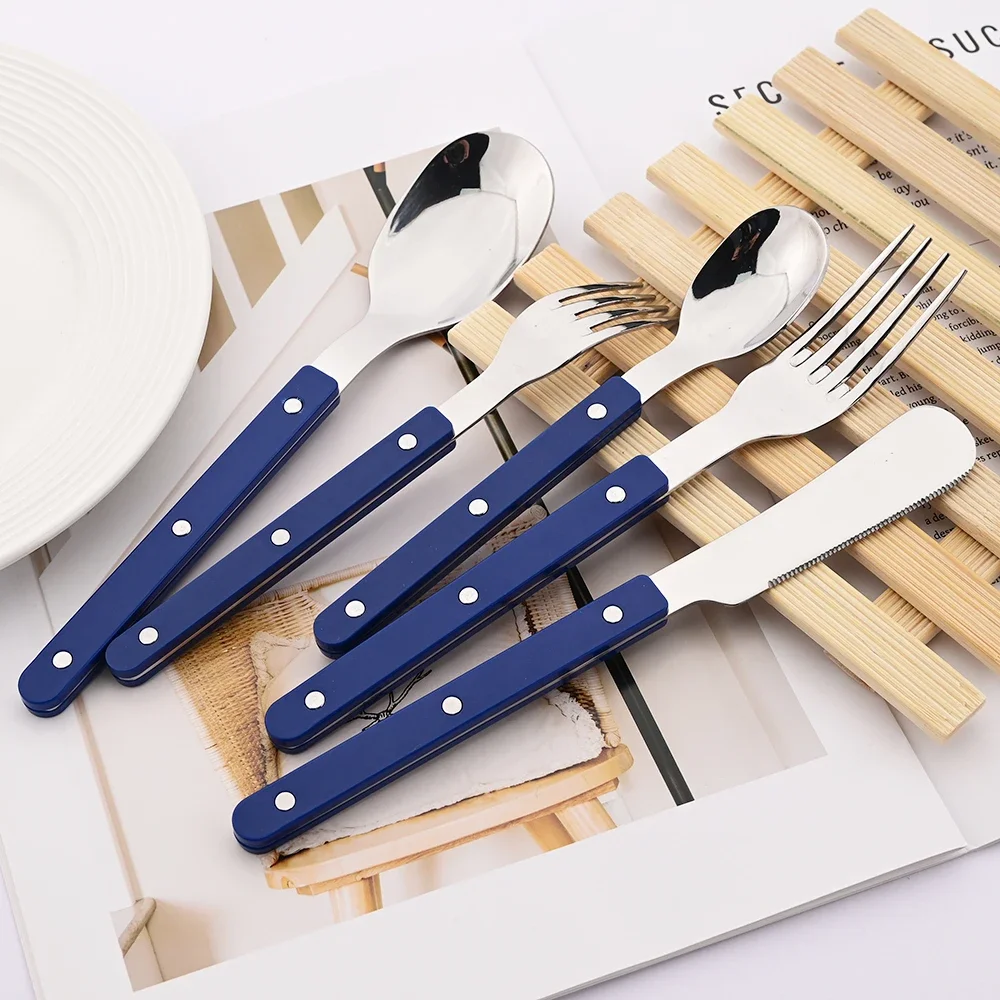 30Pcs Tableware Set Stainless Steel Cutlery Knife Fork Dessert Forks Spoons Flatware ABS Handle Rivets Decoration Dinnerware Set
