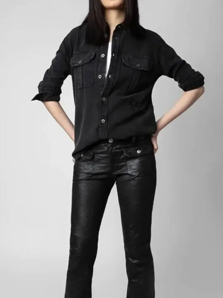 

Весна 2023, женская джинсовая рубашка с вышивкой и отложным воротником, модная женская однобортная блузка с длинным рукавом