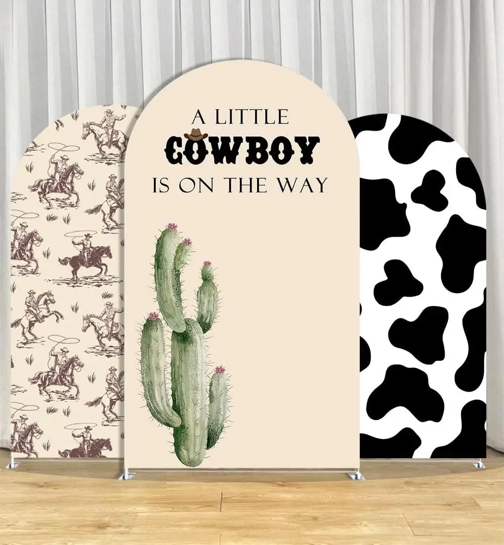 

A Little Cowboy is On The Way Baby Shower Baptism Party Arch Backdrop Cover Curved Top Background,Elastic Spandex Fabric