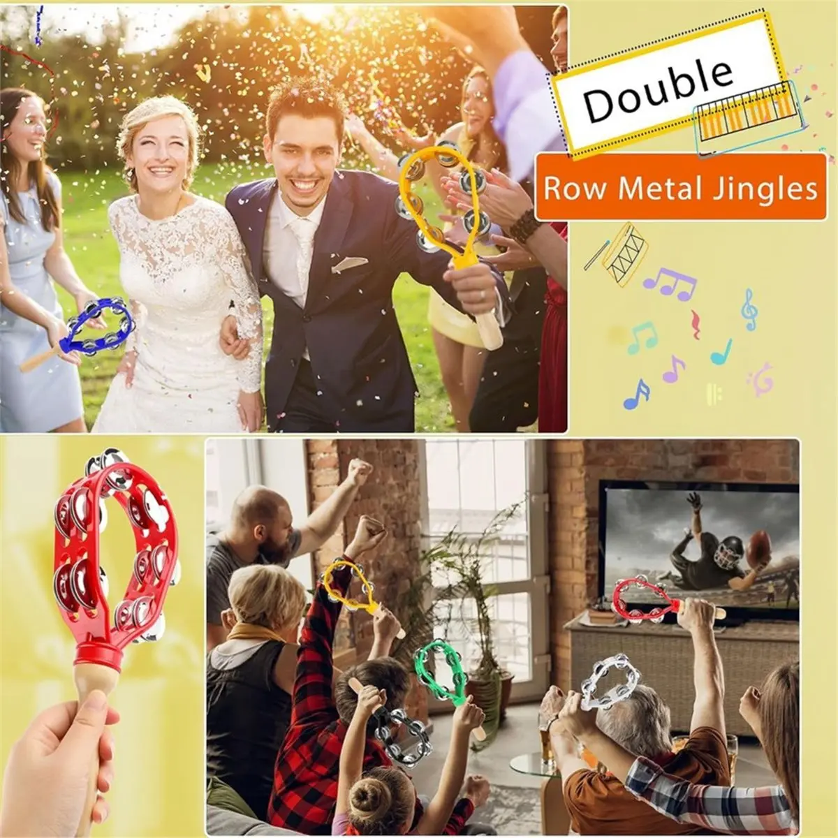 6 Pack Tambourine with Double Row Metal Jingles Hand Held Percussion Instrument with Handle Grip