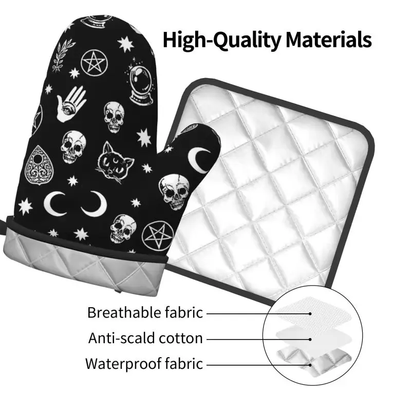 Skull Cat Moon Gothic Oven Mitts and Pot Holders Sets,Heat Resistant Non Slip Kitchen Gloves Hot Pads with Inner Cotton Layer