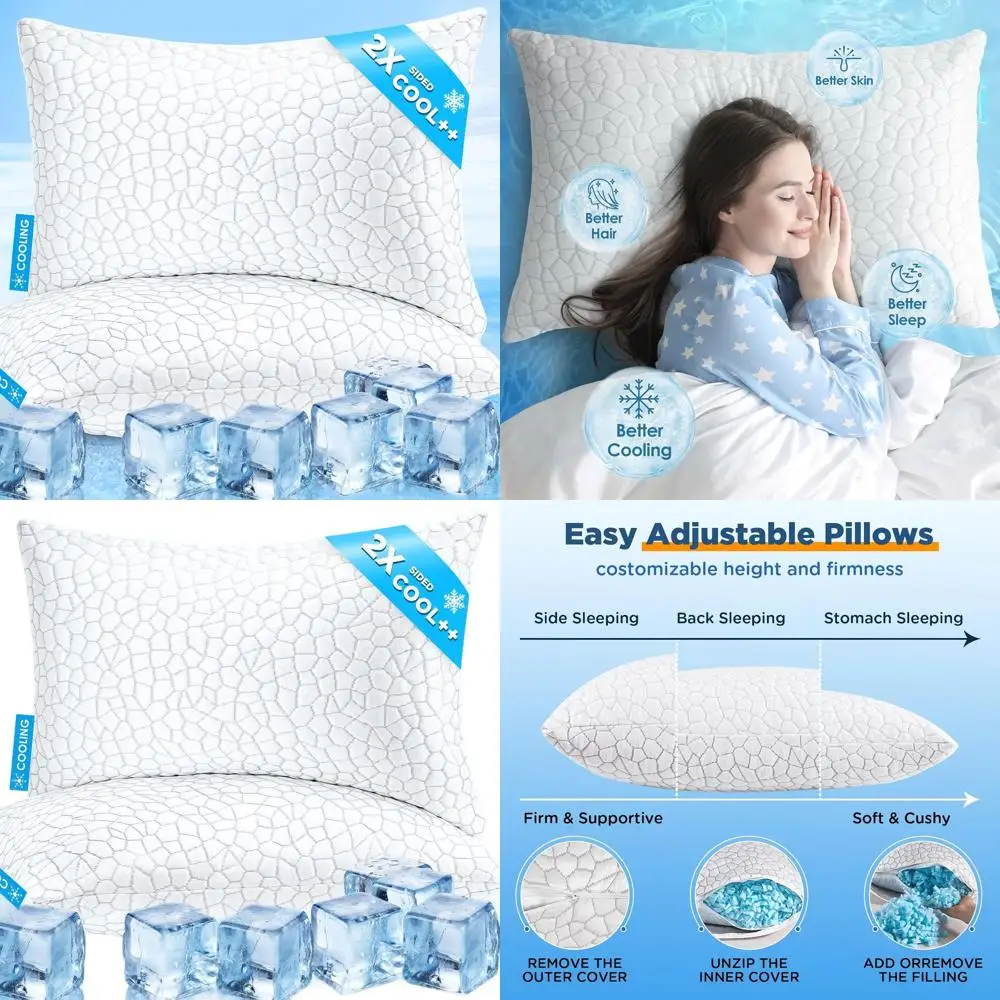 

King Size Cooling Pillows Set, 2 Firm Memory Foam Pillows for Side, Back & Stomach Sleepers, Dual-Sided Gel Neck Pillows for Pai