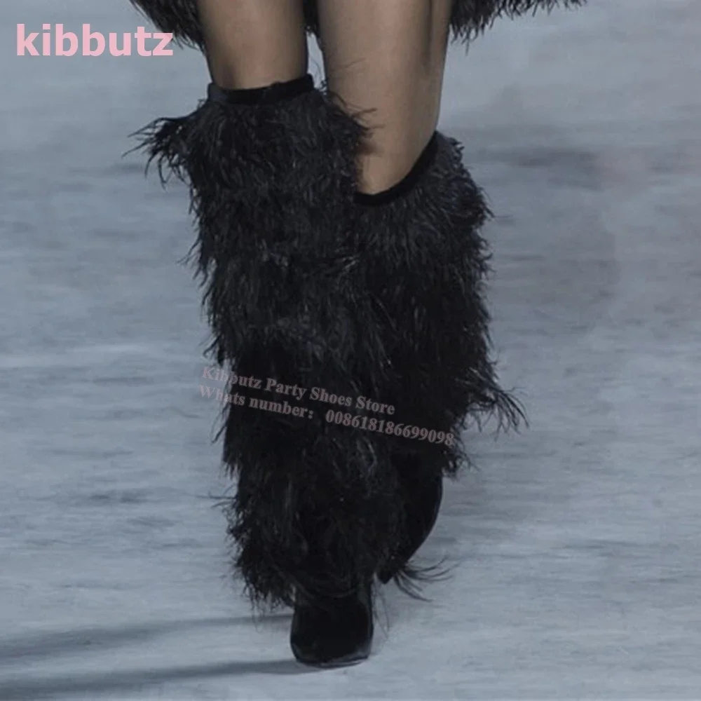 

Furrry Boots Over The Knee Fringe Fashion Novelty Runway Show Warm Pointed Toe Thin Heels Slip-On Solid Color Women Shoes Newest