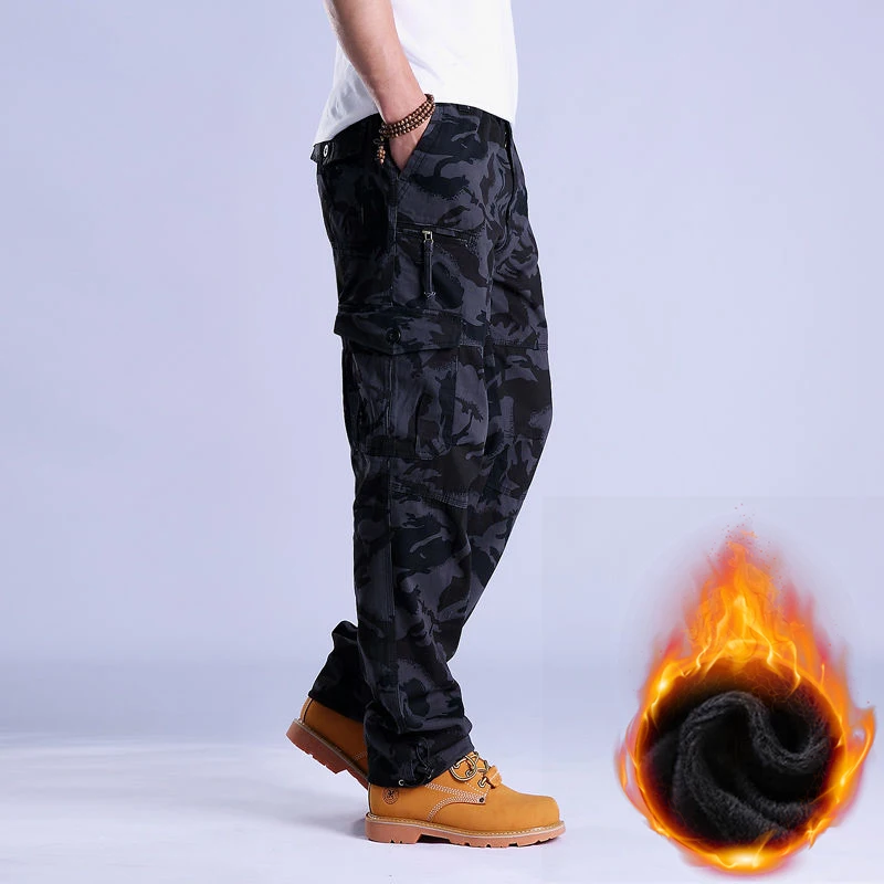 

New Autumn Winter Mens Cargo Pants Fleece Warm Trousers Cotton Pants Insulated Hiking Running Pants Man Multiple Pockets
