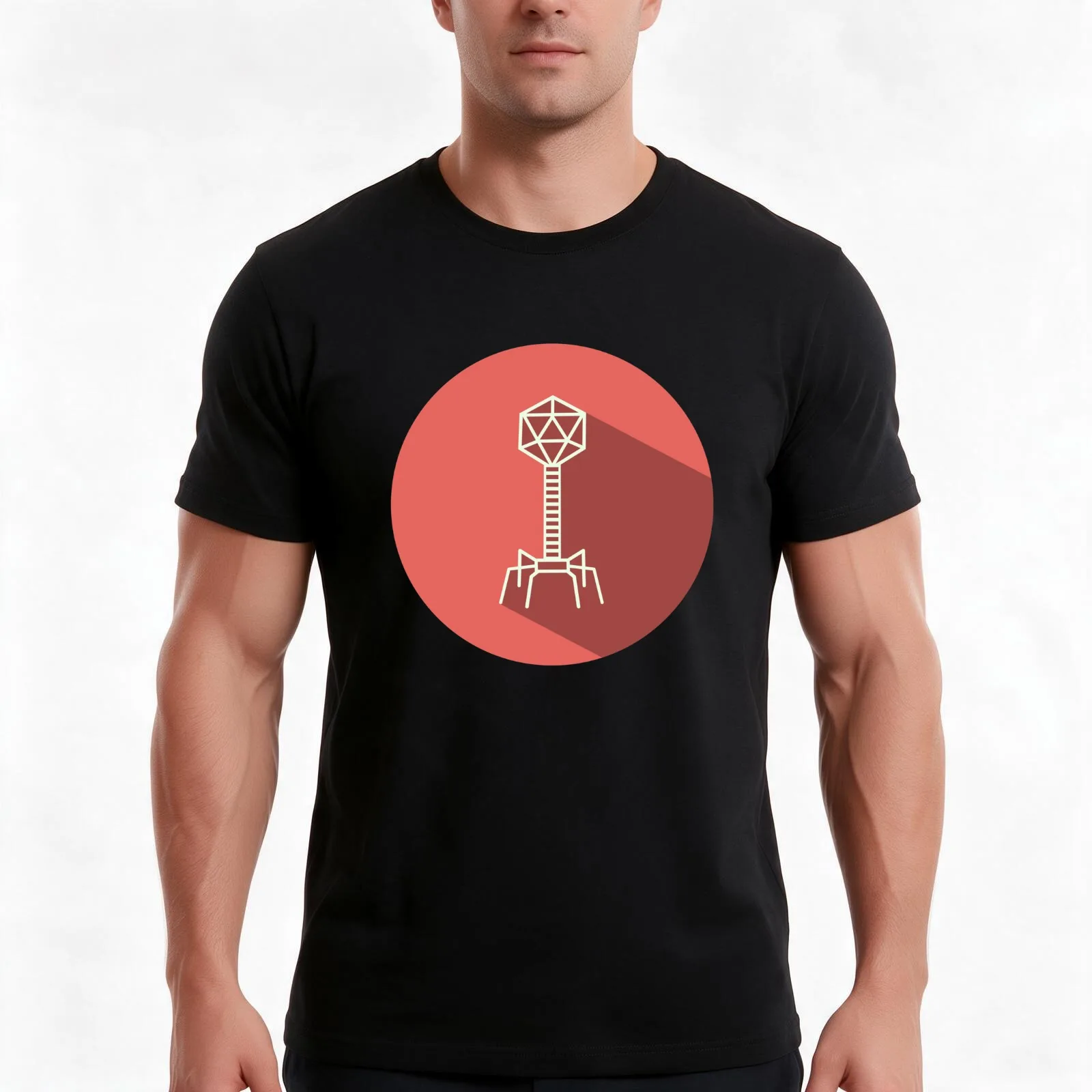 Bacteriophage flat T-Shirt, Summer Casual Cotton Tee, Oversized Streetwear Tops, Vintage Graphic Print, Loose Fit Short Sleeve