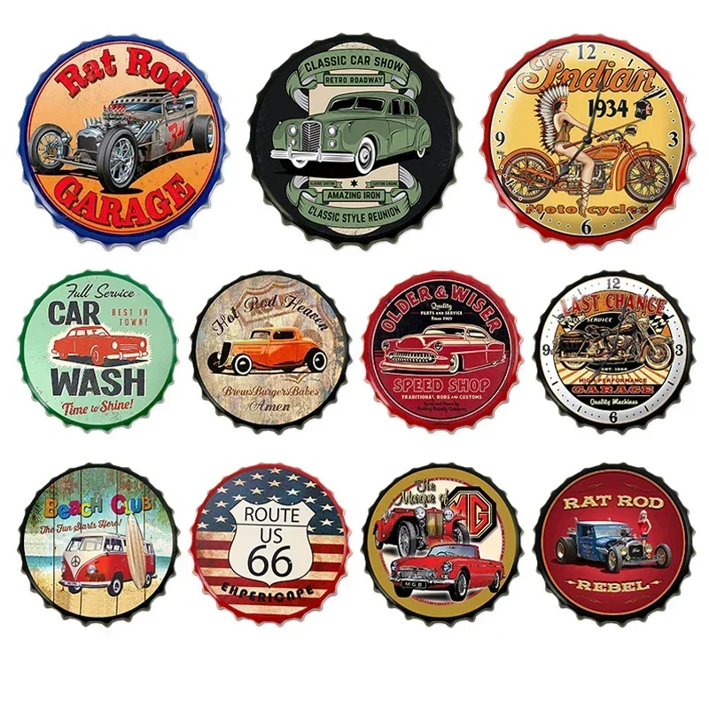 Garage Car Beer Bottle Cap Tin Sign Vintage Rusty Shabby Plates Circle Plate Crafts Metal Wall Signs Decor Tinplate Caps Signs