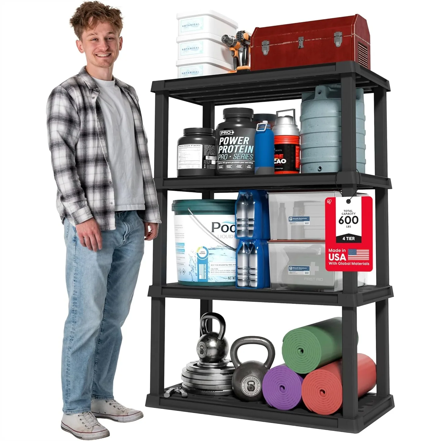 

Heavy Duty Plastic Storage Shelves, 4-Tier 600lb Capacity, 56" H x 36" W x 18" D Modular Shelving Unit for Garage, Home,