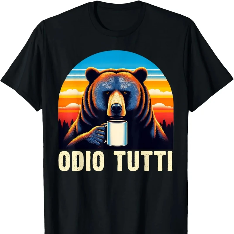 

Odio Tutti Bear Coffee Funny T-Shirt Printed T-shirt Tops Vintage Fashion Regular Short-sleeved Shirt Summer Cotton Tee Tops
