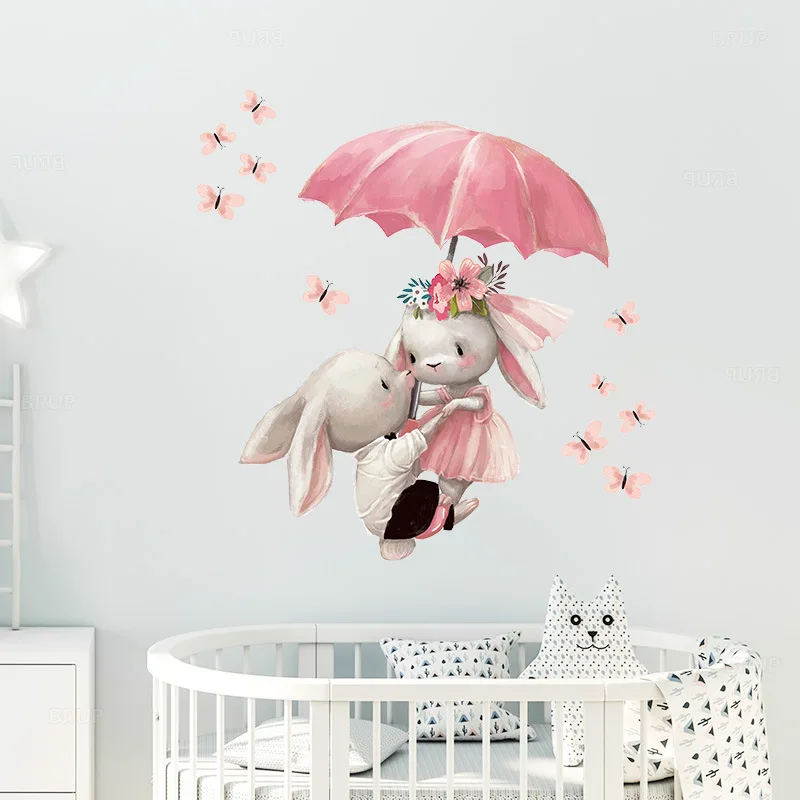 Cartoon Pink Baby Rabbit Wall Stickers Hot Air Balloon decalcomanie Kids Room Nursery Wall vinile decorativo Kawaii Bunny PVC Wallpaper