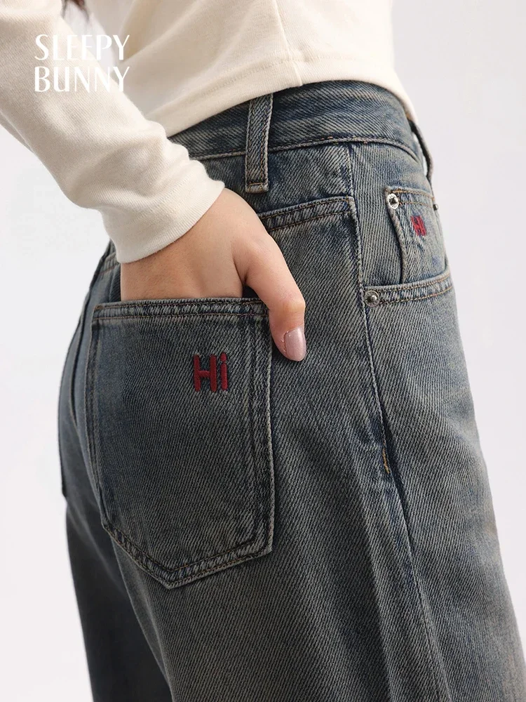 

Women Vintage Washed Embroidered Jeans Spring Retro Loose-Fit High-Waist Wide-Leg Pants Boho Embroidery Comfortable Stylish